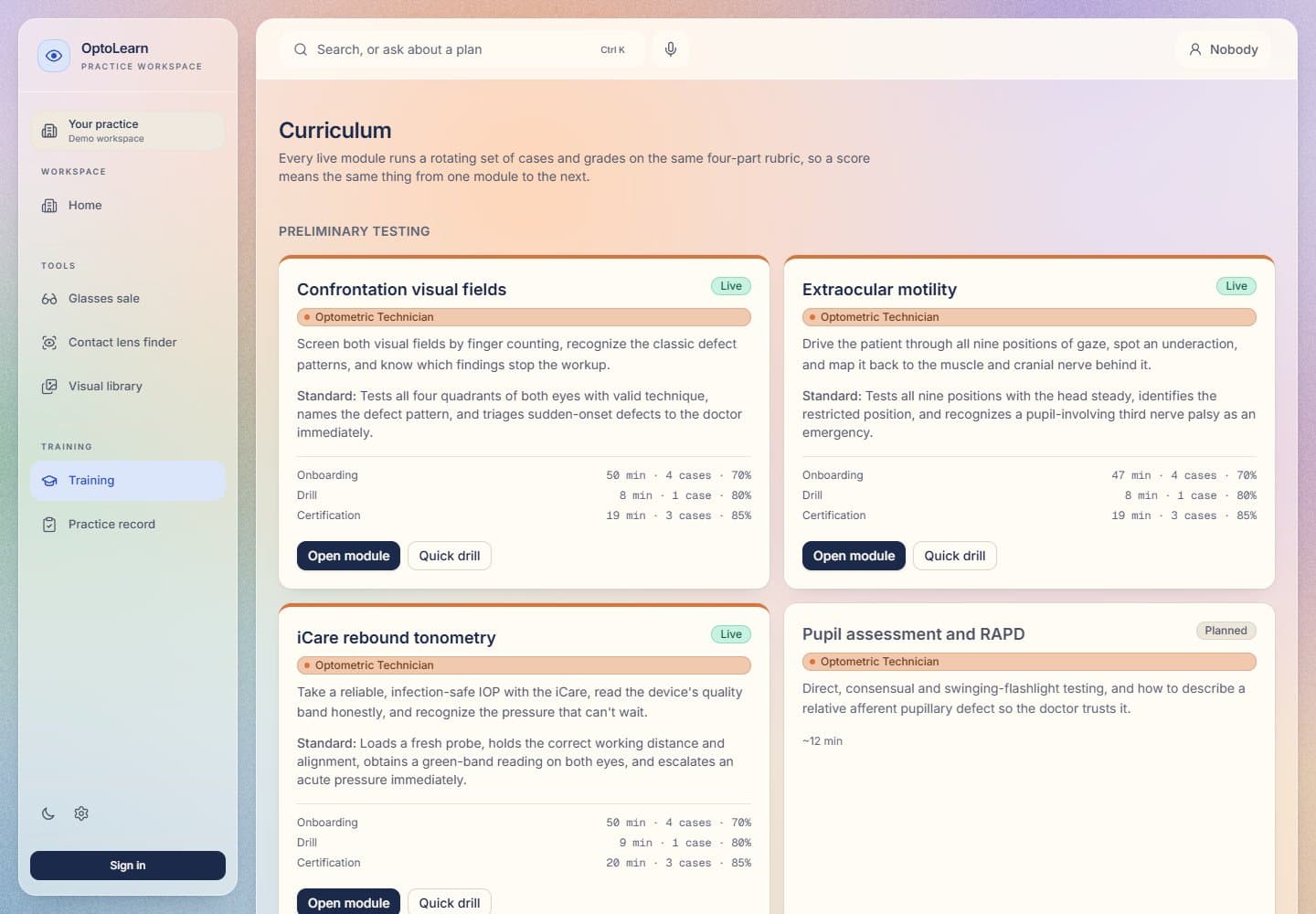 OptoLearn's curriculum showing live preliminary-testing modules with onboarding, drill, and assessment modes, alongside clearly marked planned modules.